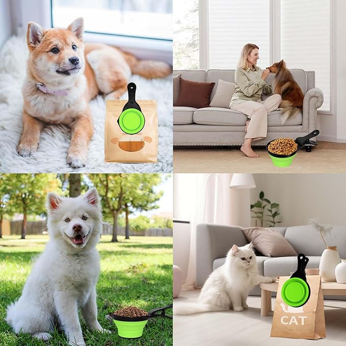 PNEUICALLY Collapsible Dog Food Scoop Foldable Pet Food Bag Clip 3 in 1 Multi-function Silicone Cat Food Measuring Cup Scoop Dog Food Scooper Pet Food Storage Clip (Green, 2 Cup Capacity(1 Pack))