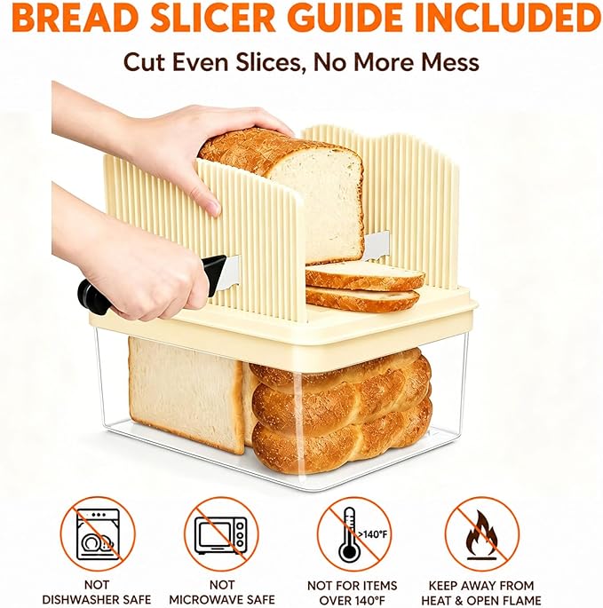 Bread Box with Slicer & Ice Chilled Condiment Caddy, Portable Airtight Bread Storage Container with Lid Handle for Kitchen Counter, Bread Keeper for Homemade Bread,Toast, Bagel, Cookies, Beige