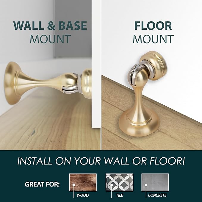 Mega Handles Magnetic Door Stopper, Scratch Free Magnetic Door Catch for Wall, Elegant Magnet Stopper for Floor or Wall - Satin Brass (2 Pack)