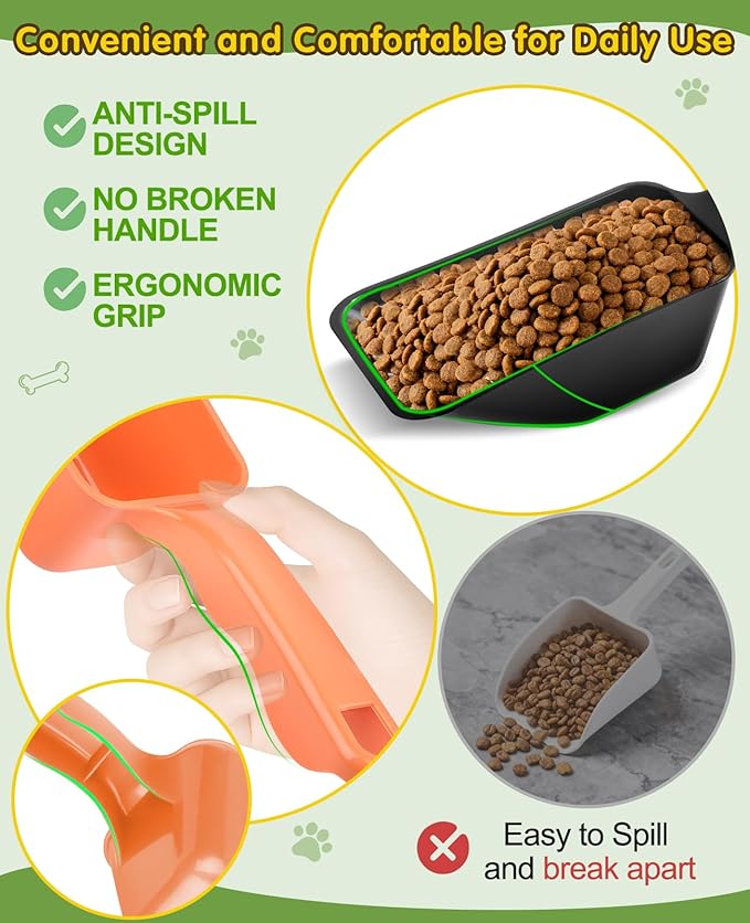 GNEOCO 2 Pack Dog Food Scoop with 1 Cup and 2 Cup Capacity, Plastic Pet Food Measuring Scoops with Clear Measurement Lines for Dogs, Cats & More,Dishwasher safe (Orange and Black)