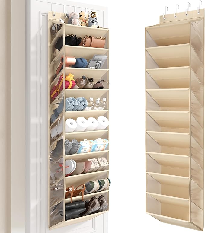 10 Tier Clear Over the Door Shoe Organizer with Deep Pockets, Door Shoes Rack with Hard Tube to Keep the Shape, Hanging Shoe Rack for Closet Organizers & Storage, Behind Door Shoe Holder Beige