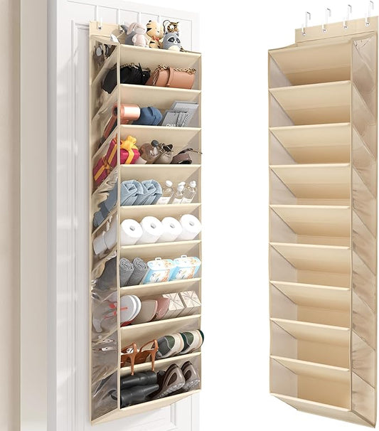 10 Tier Clear Over the Door Shoe Organizer with Deep Pockets, Door Shoes Rack with Hard Tube to Keep the Shape, Hanging Shoe Rack for Closet Organizers & Storage, Behind Door Shoe Holder Beige