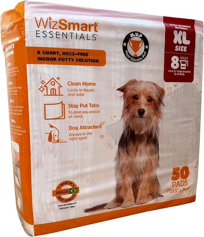 WizSmart Essentials Large Dog Pads, 23.5" x 22", Extra Absorbent Puppy Training Pads, Indoor Potty Pads, Leakproof Gel Pads for Small Dogs, Crate, House, Travel, Eco-Friendly, Non-Slip - 50 Count