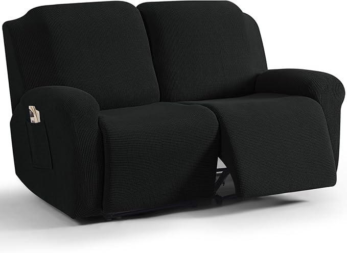 TAOCOCO Recliner Loveseat Slipcover, 6 Pieces Dual Recliner Sofa Covers for 2 Seat Dual Reclining Loveseat Couch, Stretch Soft Jacquard Pattern Furniture Protector with Elasticity (2XL, Black)