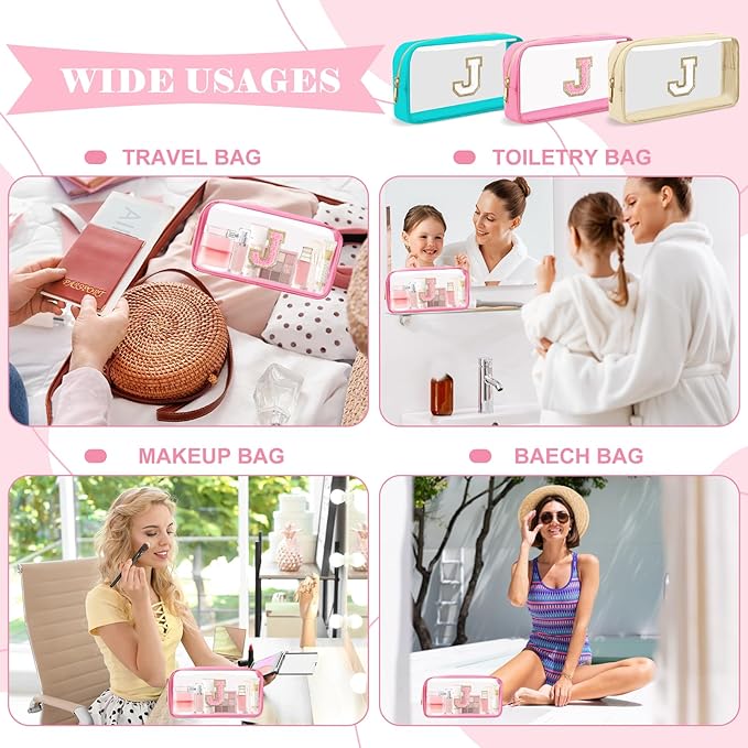 Personalized Initial Letter Clear Makeup Bag,Preppy Small Nylon&PVC Cosmetic Zipper Bag with Chenille Letter,Portable Beach Travel Skincare Toiletry Bag,Trendy Monogram Gift for Teen Girls Women,J