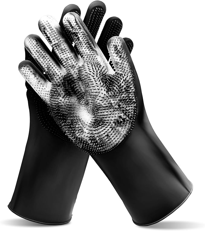 Maiiu Pet Grooming Gloves—Heat Resistant Dog Washing Gloves with High-Density Teeth, Dog Bath Scrubber with Enhanced Five Finger Design, Silicone Gloves for Dogs and Cats Bathing, Massage (Dark)