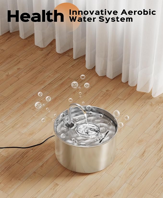 Cat Water Fountain Stainless Steel + 6 Filters + 3 Sponges - Pet Water Fountain 24/7 Keep The Water Fresh 74oz Capacity Ultra-Quiet No Sputter Compact Easy to Clean