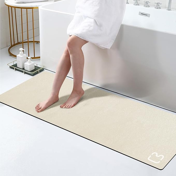 Beige Bath Mat 17" x 59" Extra Long Bathroom Mat Large Fast Dry Super Absorbent Non-Slip Rubber Backed Shower Mat Bath Rugs Mats for Bathroom Floor, Tub, Shower, Sink