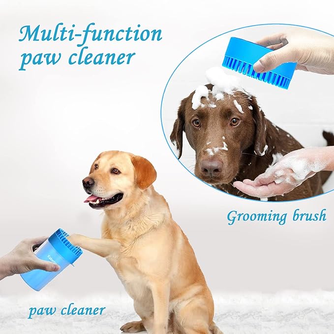 Kabetig Quick Clean Dog Paw Cleaner 5-in-1 Kit, Blue (Medium) - No Full Bath Needed, Post-Walk Paw Clean - with Silicone Bath Brush, 3 Microfiber Towels - Fits Corgi 1.2-2.5 In (3.05-6.35 cm)