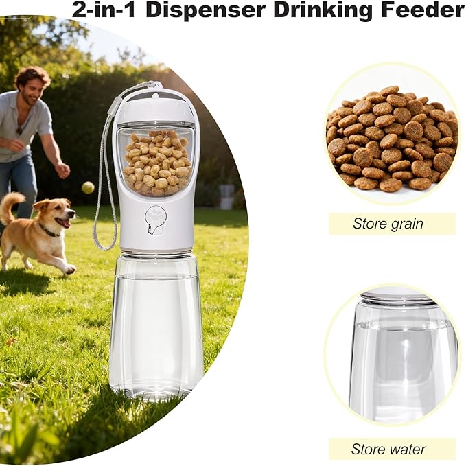 Portable Dog Water Bottle with Food Container, BPA Free Travel Water Bottle for Dogs, 2-in-1 Dispenser Drinking Feeder for Pets Walking, Hiking, Travel, Puppy Essentials, White, 19oz