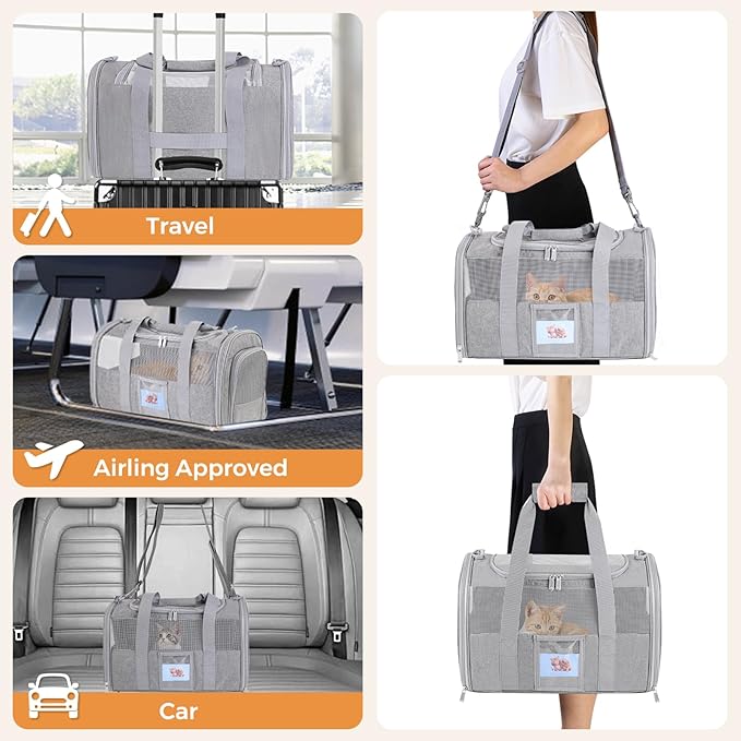 FOORLON Cat Carrier Soft for Pets Up to 15 Lbs, Cat Travel Bag with Padded Shoulder Strap and Detachable Cat Food Bowl, Pet Dog Carriers for Small Dogs Travel Puppy Carry Airline Approved, Grey