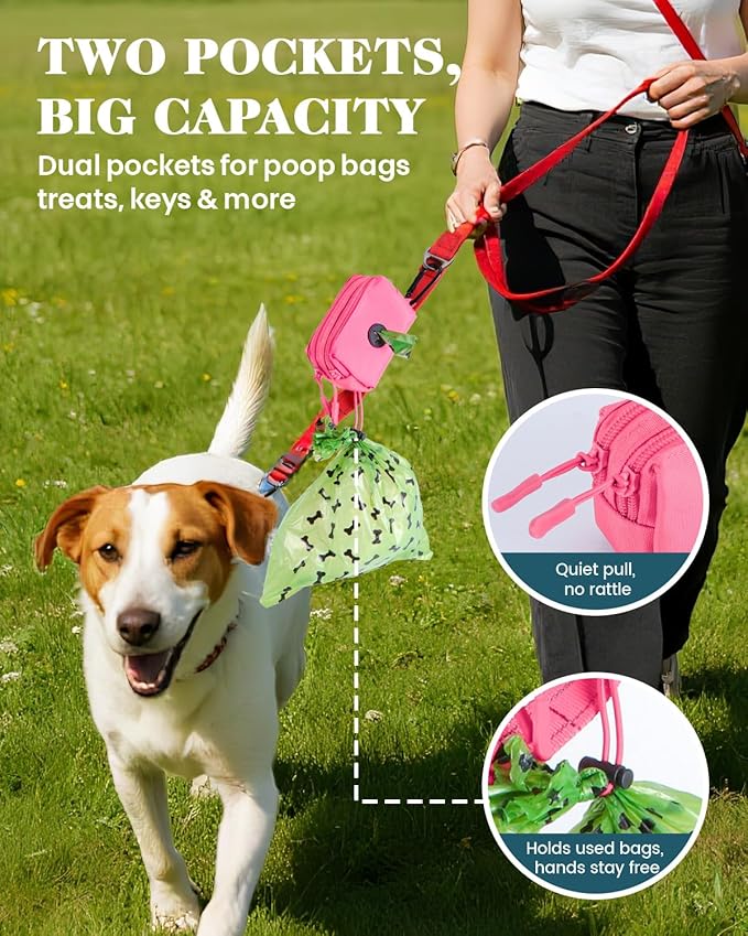 Dog Poop Bag Holder for Leashes, Pink Doggie Waste Bag Dispenser and Treat Holder, with Carabiner Hook and Poop Bag Clip, Used Waterproof Wear-Resistant Fabric and 2 Zippered Pouches for Walking