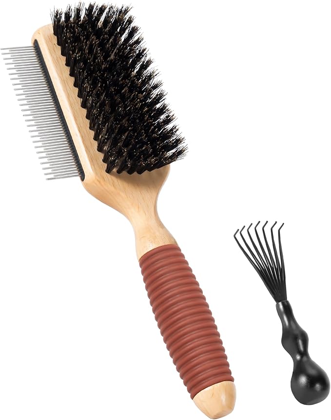 GROOMAGE 2 in 1 Pin and Boar Bristle Brush for Dogs & Cats, Shedding Grooming Dog Brush for Short Haired Dogs, Cats, Pets with Beech Wood Rubber Handle