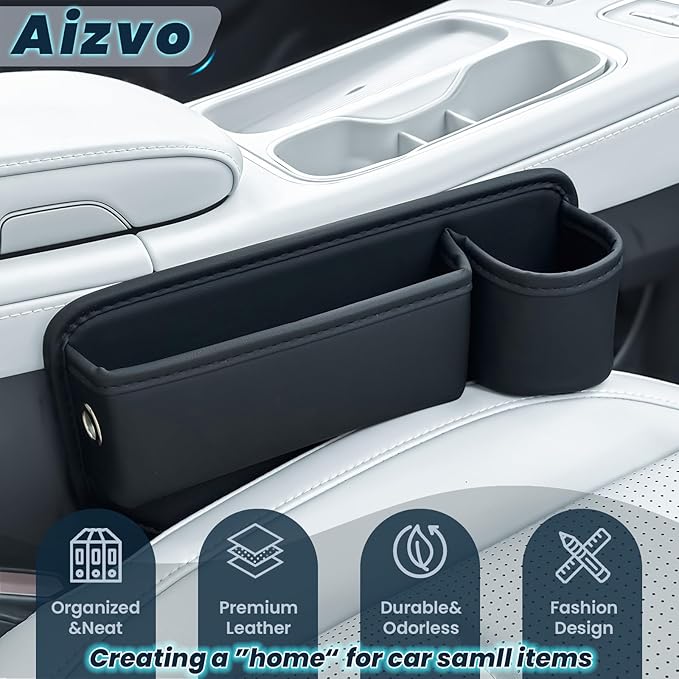 2-Pack Car Seat Gap Filler Organizer with Cup Holder - Premium Leather - Universal Fit - Keeps Cans/Phone/Keys/Wallets Organized(Black)