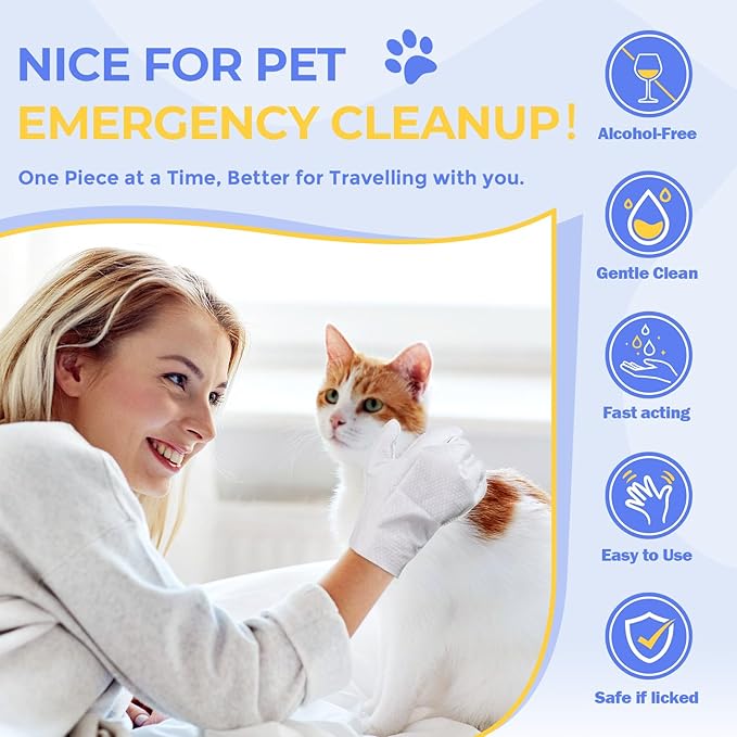 Pet Cleaning Glove Wipes for Dogs & Cats, Hypoallergenic Deodorizing Disposable No-Rinse Grooming Wipes, Extra Thick Bathing Wipes,Perfect for Pet Dry Cleaning,Daily Care and Travel,6 pcs