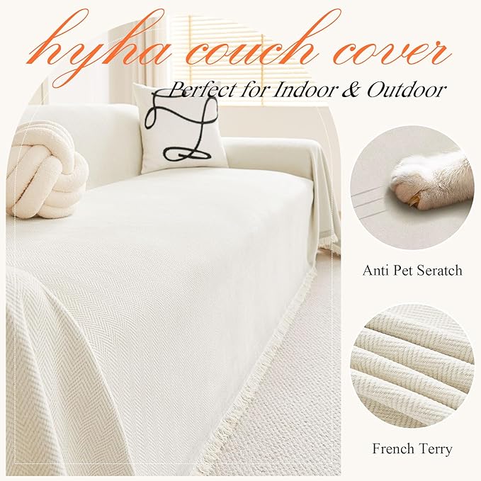 hyha Couch Cover for Dogs, Boho Sofa Covers for 3 Cushion Couch Washable, Chenille Sofa Slipcover for Pets, Soft Loveseat Sectional Couch Throw Blankets with Tassels (Beige, 71x102 Inch)