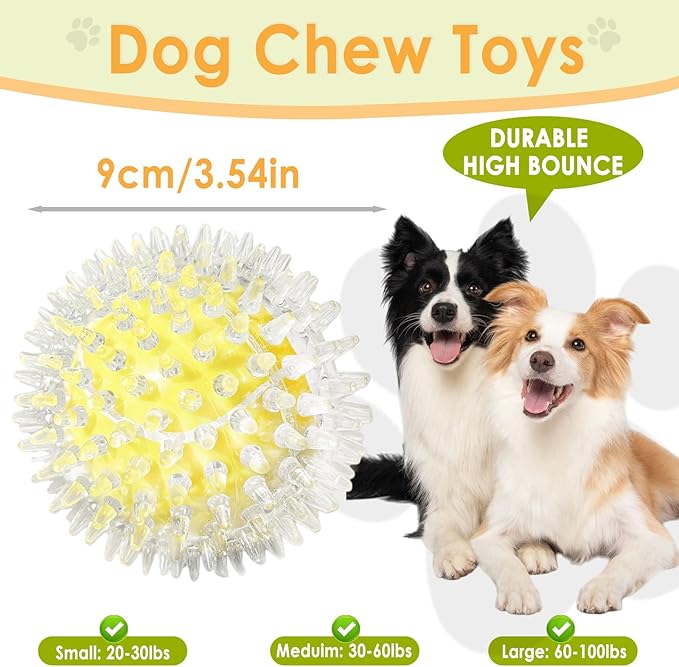 4 Pack Squeaky Dog Toy Balls - 3.54" Durable Spikey Balls for Aggressive Chewers, Tough Natural Rubber Interactive Fetch Toys for Medium & Large Dogs, Dental Care Teething Balls