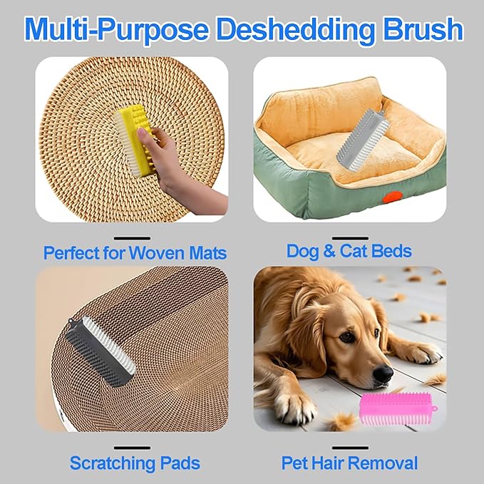 3-in-1 Pet Grooming & Bath Brush for Dogs and Cats, Triple-Sided Design with Cone Massage Tips, Long Self-Cleaning Deshedding Nubs, Short Bathing Nubs, Soft Silicone Brush with Hanging Loop, Pink