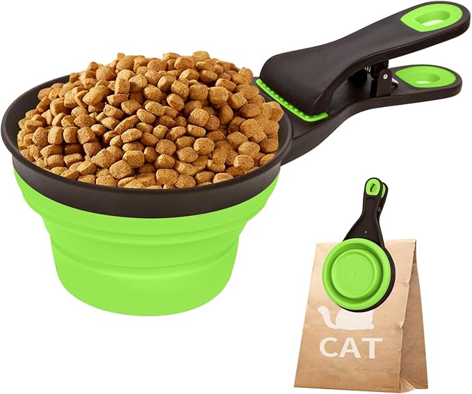 PNEUICALLY Collapsible Silicone Dog Food Scoop Foldable Pet Food Measuring Cup with Bag Clip 3 in 1 Multi-Function Silicone Dog Food Scooper (Green, Large)