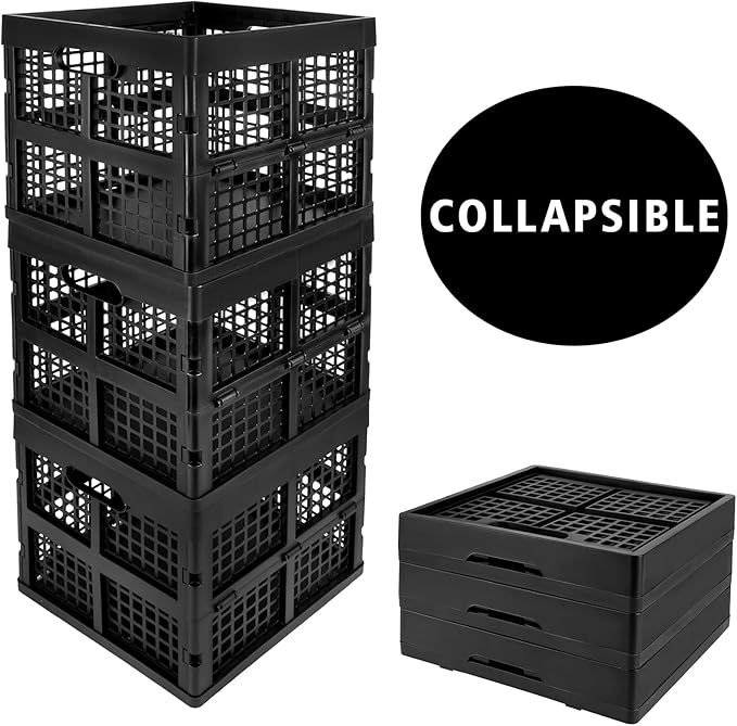 Eslite 3-Pack Collapsible Plastic Storage Crates,Foldable Crates for Storage,16L (Black)