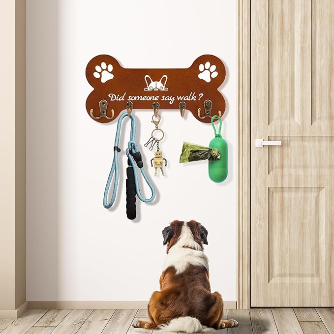 Bone Shape Dog Leash Hangers for Wall - Coat Rack with 5 Key Hooks, Perfect for Dog Lovers, Ideal for Entryway, Door and Bedroom Decor. 11.8'' x 5.9''(Brown)