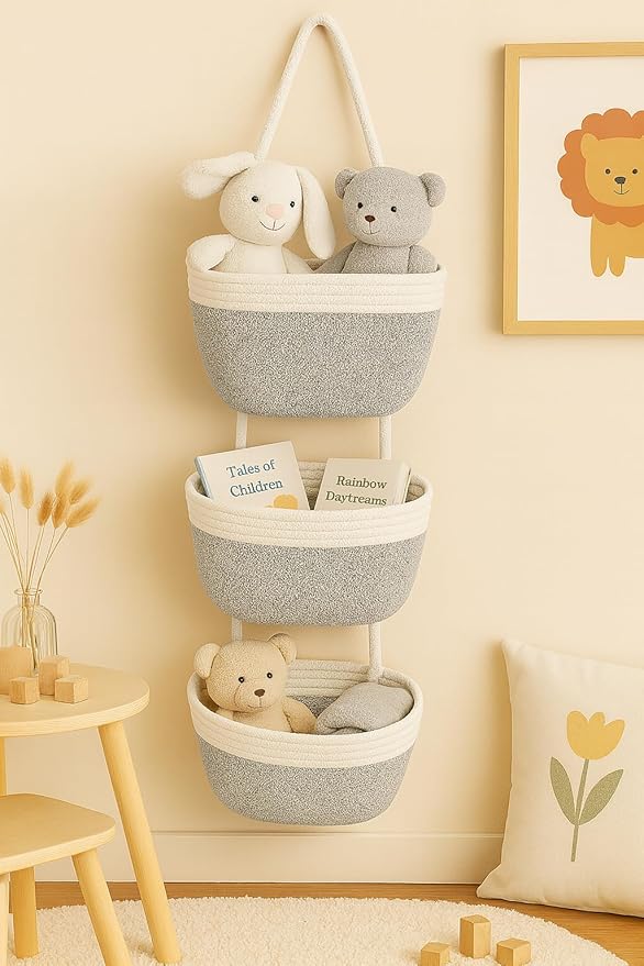 Japanese Handmade Cotton Rope Hanging Basket Organizer – 3 Tier Wall boho Storage Organizer for Toys , Snacks & Décor – Eco-Friendly Coiled Weaving Craft, Housewarming & Shower Gift (White&beige)