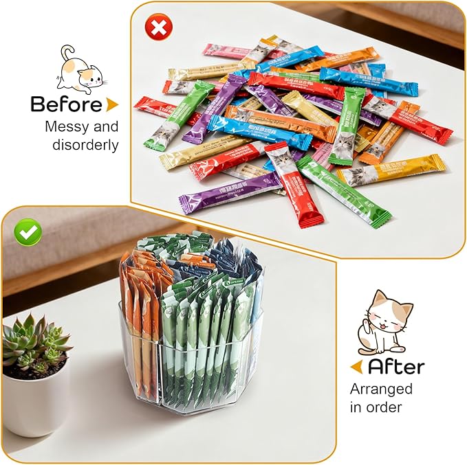 Lickable Cat Treats Organizer, Lazy susan Acrylic Squeeze Up Cat Food Storage Container, Essential storage for pet treats, Wet Cat Treats Storage for Kitchen Cabinet Pantry Shelf Countertop(Rhombus)