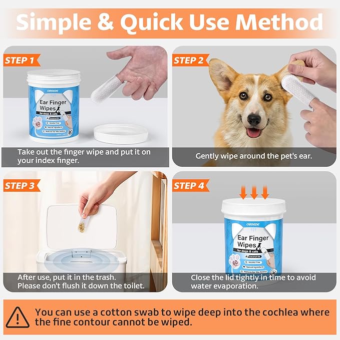 OBSEDE Dog & Cat Ear Cleaner Wipes - Finger Sleeve for Easy Wax Removal & Odor Control, Soothing Formula, Coconut Scent, 120 Count