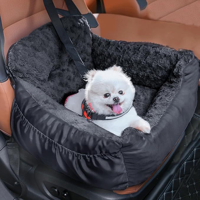 Dog Car Seat for Small Dogs, Washable Pet Booster Seats with Clip-On Safety Leash, Comfy Deluxe Plush Carseat with Storage Pockets, Puppy Car Travel Carrier Bed for Dogs Under 25 lbs, Black