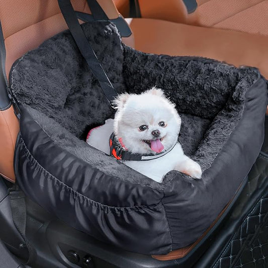 Dog Car Seat for Small Dogs, Washable Pet Booster Seats with Clip-On Safety Leash, Comfy Deluxe Plush Carseat with Storage Pockets, Puppy Car Travel Carrier Bed for Dogs Under 25 lbs, Black