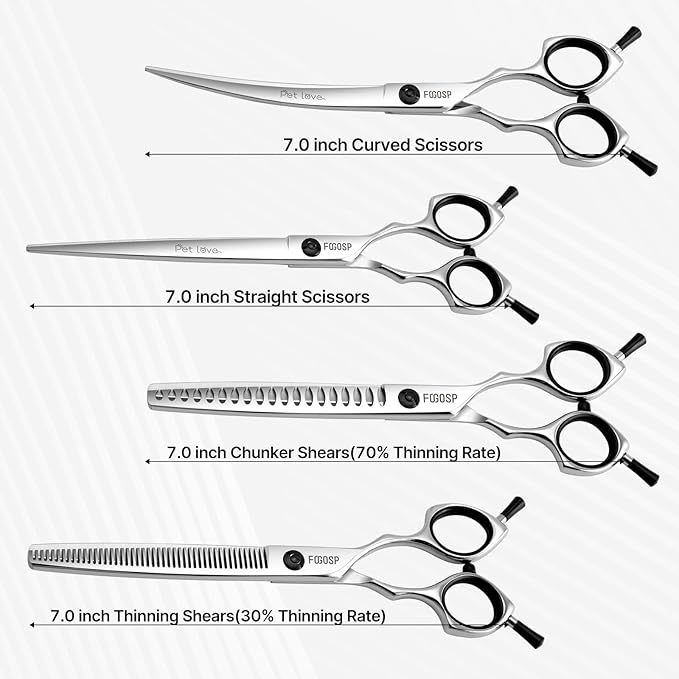Dog Grooming Scissors Kit 7 in Professional Curved Thinning Straight Chunkers Shears for Grooming Dogs Cat Pet at Home Japanese 440C Stainless Steel(7.0'',Kit)