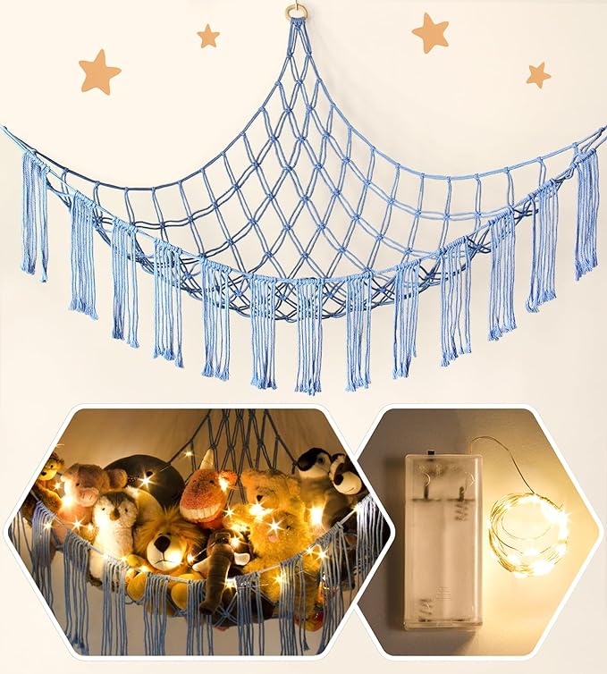 RelaxScene Stuffed Animal Hammock Corner Storage with LED Light - Bluey Room Decor for Girls - Teddy Bear Stuffy Hammock - Cute Blue Things for Bedroom - Wall Ceiling Hanging Decor
