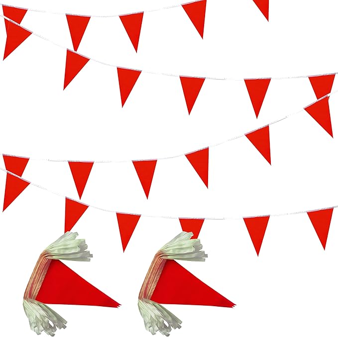 100 Feet Red Pennant Banners Flags String Hanging Triangle Bunting Flags,Party Decorations for Grand Opening,Kids Birthday,Carnival,60 PCS