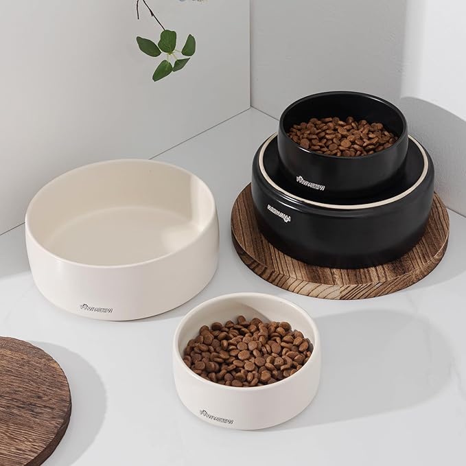 Ceramic Dog Bowls, 2 Large Spill Resistant Modern Pet Feeding Bowls for Small & Large Dogs (Black, 5.5+8Inch)
