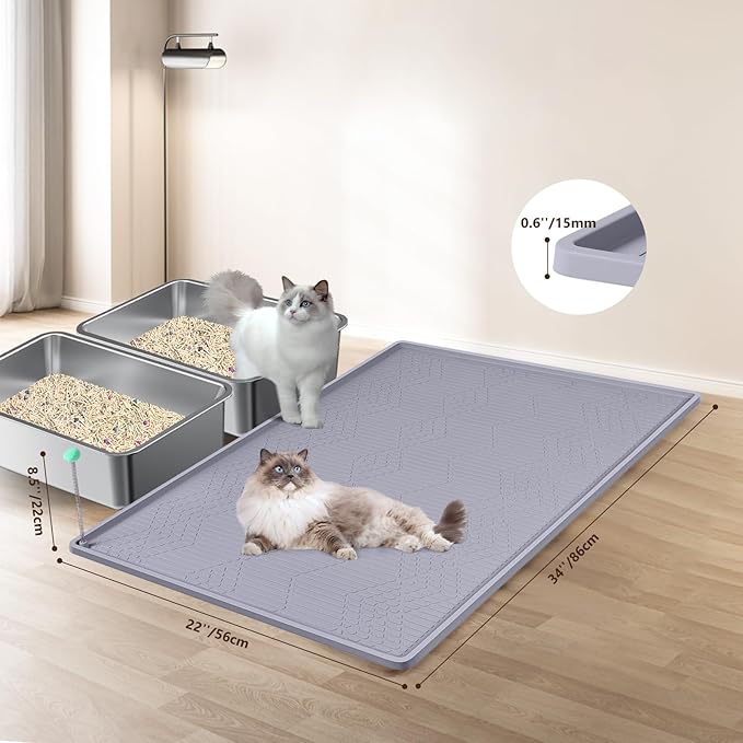 Bartuke Large Cat Litter Mat with Toy Ball, 34'' x 22'' Silicone Cat Litter Trapping Mat for Scatter Control, Soft on Kitty Paws, Easy to Clean (Light Grey)