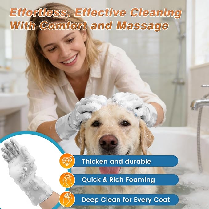 MIYIJHY 7-Piece Pet Grooming Kit with Storage Bag | Portable Bathing Set for Dogs & Cats | Includes Silicone Gloves, Deshedding Brushes & Finger Toothbrushes | All-in-One Pet Care (Gray)