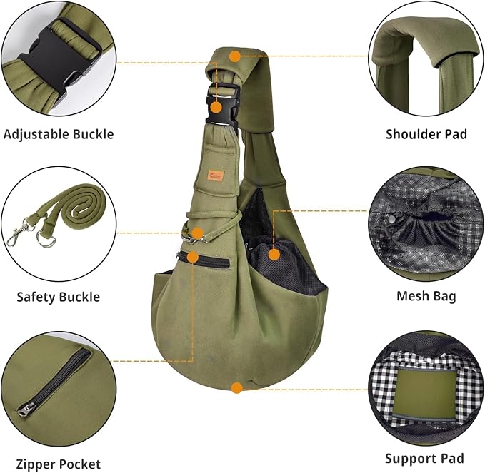CUBY Dog and Cat Sling Carrier - Hands Free Reversible Pet Papoose Bag - Soft Pouch and Tote Design - Suitable for Puppy, Small Dogs Cats Outdoor(Green, Adjust Strap 2.0)
