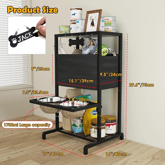 Elevated Dog Bowls, Height Adjustable Raised Dog Bowl Stand (3.5'' to 11''), Multifunctional Lifted Bowl Holder with Pet Food Organizer for Large Medium Small Dogs, Black