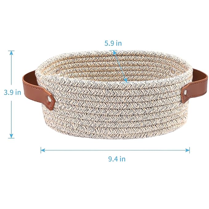 ABenkle Small Woven Basket, Mini Cotton Rope Storage Basket, Tiny Easter Basket, Shelf Basket, Oval Decorative Toy Dog Cat Basket for Nursery, Empty Gift Basket, 9.4" x 5.9" x 3.9" XS