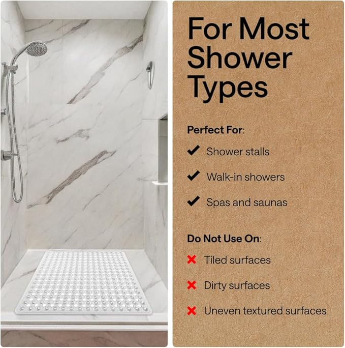 GORILLA GRIP Patented Square Shower Stall Mat, Small Bathtub Floor Mats for Stand Up Showers, Suction Cups and Drainage Holes, Machine Wash, Soft on Feet, Bathroom Accessories 21x21 Inch, 2 Pack Clear