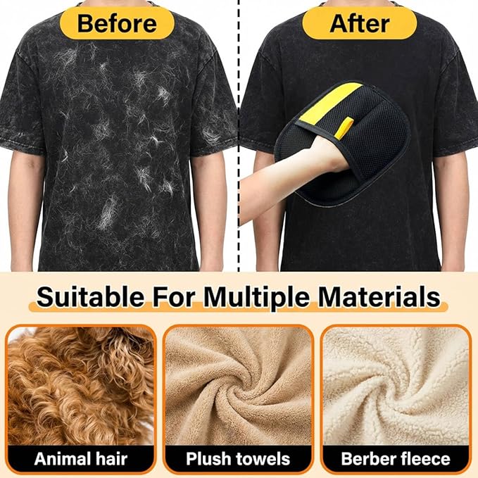Electrostatic Pet Hair Removal Gloves for Cats & Dogs–Upgraded Reusable Magic Brush Tool for Quick Wiping on Couch, Carpet, Laundry, Car Seat & Pet Beds(2PC-Yellow