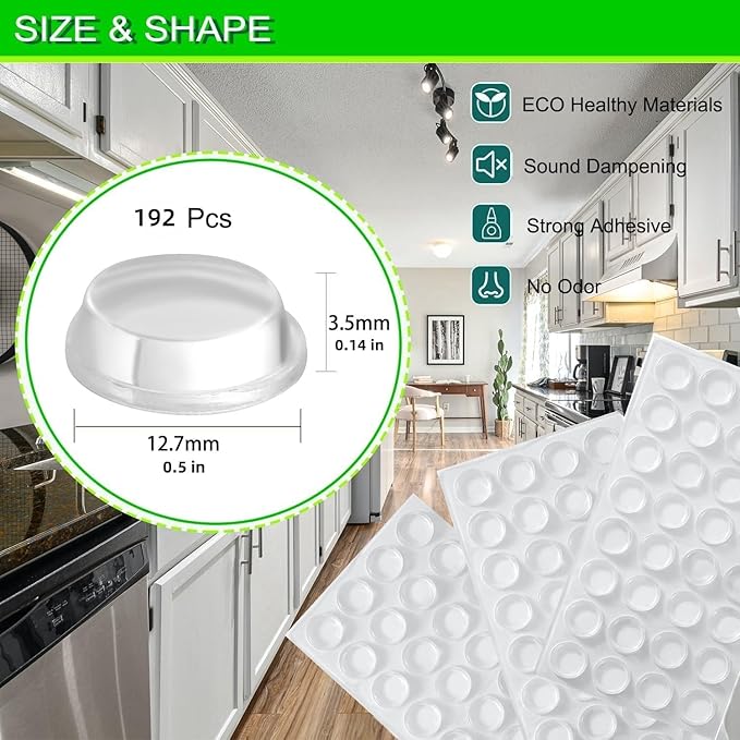 Furnigear Cabinet Bumpers Soft Self-Adhesive Clear Rubber Bumper- Cabinet Door pumpers dots Clear Cabinets stoppers Furniture Noise Reducing Silicone Rubber Bumper Extremely Durable(192Pcs)