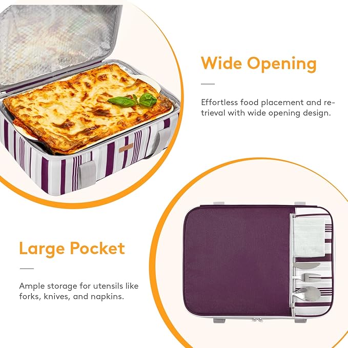 LUNCIA Insulated Casserole Carrier for Hot or Cold Food, Lasagna Lugger Tote for Potluck Parties/Picnic/Cookouts, Fits 9"×13" Baking Dish, Purple