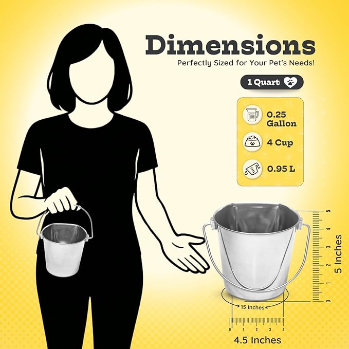 AASPIRE PETS Flat Sided Stainless Steel Bucket, 1 Quart (0.25 Gallon) Hanging Feeding Pail for Small Pet Dogs Cats Birds, Fits Kennels Cages Compatible, Heavy Duty Food & Water Feed, 5" Silver Buckets