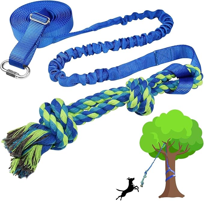 SYOOY Dog Bungee Tug Toy Hanging from Tree,Outdoor Tug of War Interactive Tether Dog Rope with Chew Lure for Small Medium Large Dogs (Blue)