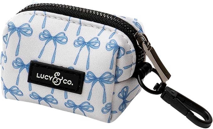 Lucy & Co. Dog Poop Bag Holder - Leak Proof Dispenser with Leash Attachment - Easy Refills - Hygienic Pet Poop Pickup - White with blue bows