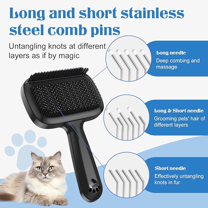 Self Cleaning Dog Brush for Shedding - Bristle Brush and Long/Short Needles Design, Skin Friendly, Slicker Deshedding Dog Brush, Hair Removal for Long & Short Haired Pets (Black)