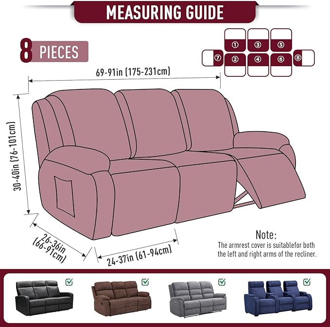 TAOCOCO Recliner Sofa Covers 8-Pieces Stretch Large Couch Covers for 3 Seats Reclining Slipcovers Soft Jacquard Pattern Furniture Protector (Burgundy)
