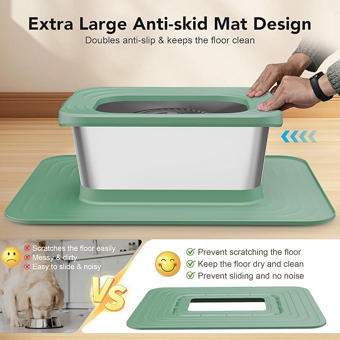 Decflow 10L Stainless Steel Dog Water Bowl, No Spill Anti-Splash Dog Bowls with XXL Silicone Mat, Spill-Proof Slow Feeder for Messy Drinkers, Heavy Duty Pet Bowls for Indoor/Outdoor Use Green