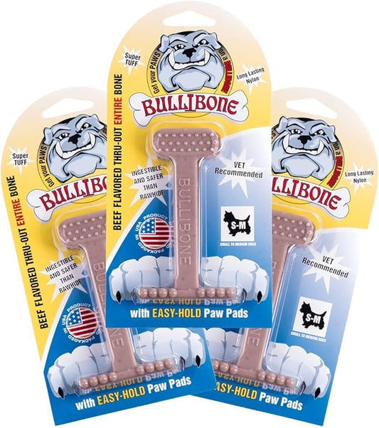 Bullibone Nylon Dog Chew Toy Nylon Bone - Improves Dental Hygiene, Easy to Grip Bottom, and Permeated with Flavor (Beef, Small - 3 Pack)